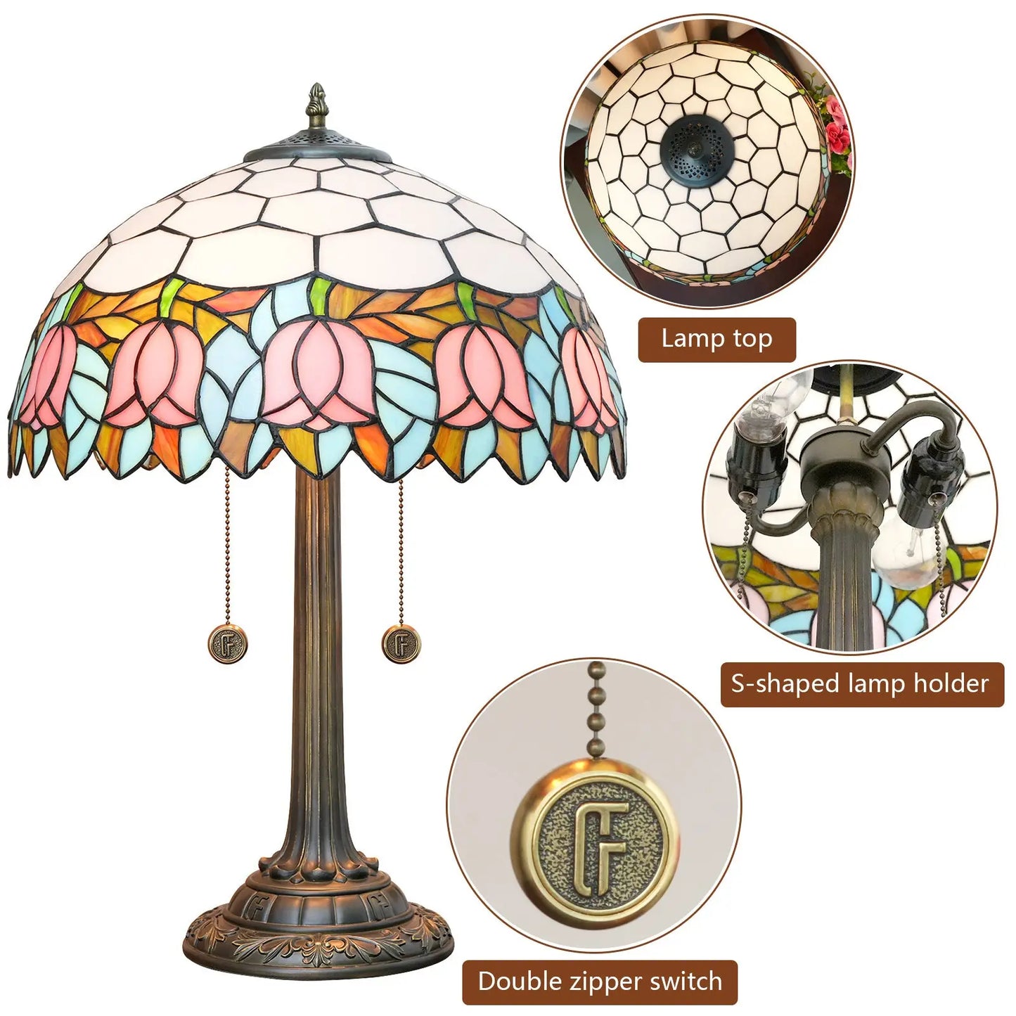 16inch Tiffany Stained Glass Pink Tulip Lampshade Vintage Bedroom Table Lamp - CTL