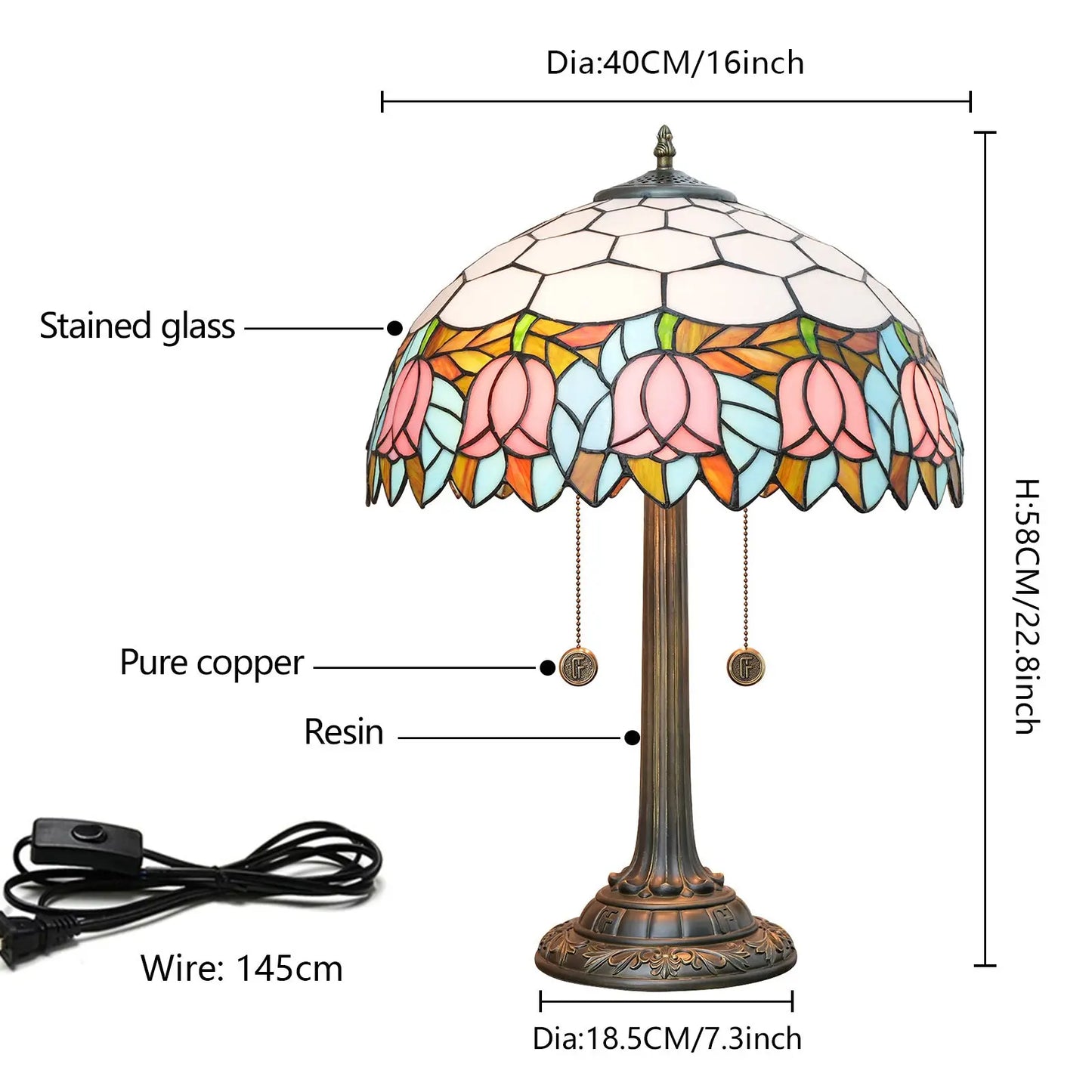 16inch Tiffany Stained Glass Pink Tulip Lampshade Vintage Bedroom Table Lamp - CTL