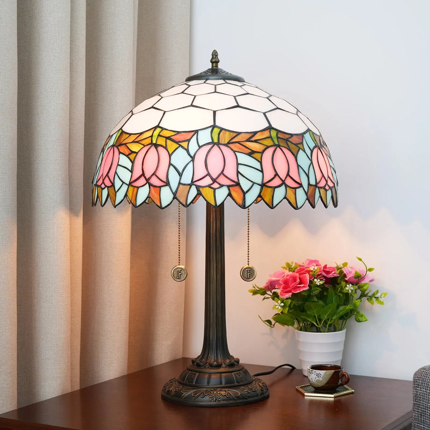 16inch Tiffany Stained Glass Pink Tulip Lampshade Vintage Bedroom Table Lamp - CTL