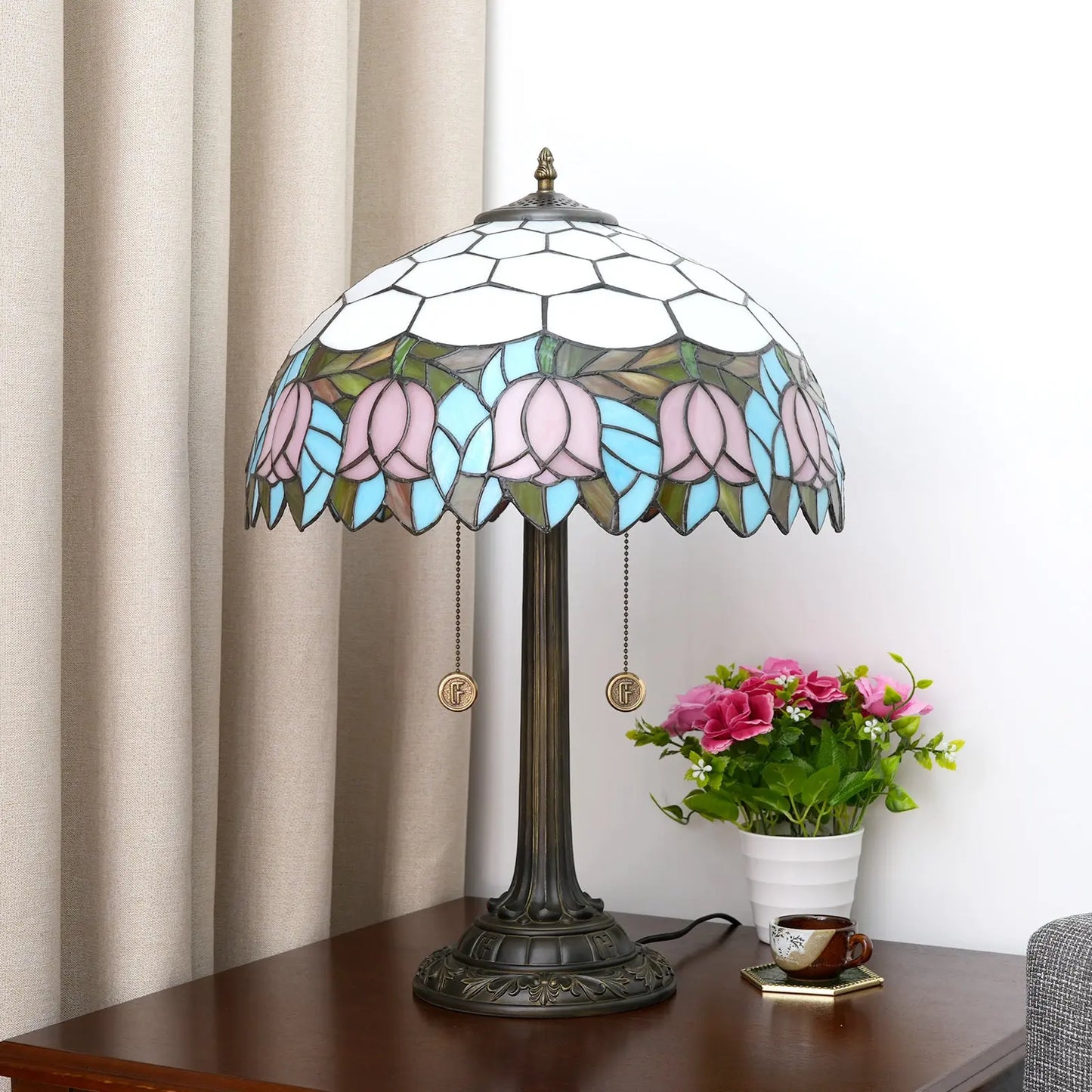 16inch Tiffany Stained Glass Pink Tulip Lampshade Vintage Bedroom Table Lamp - CTL