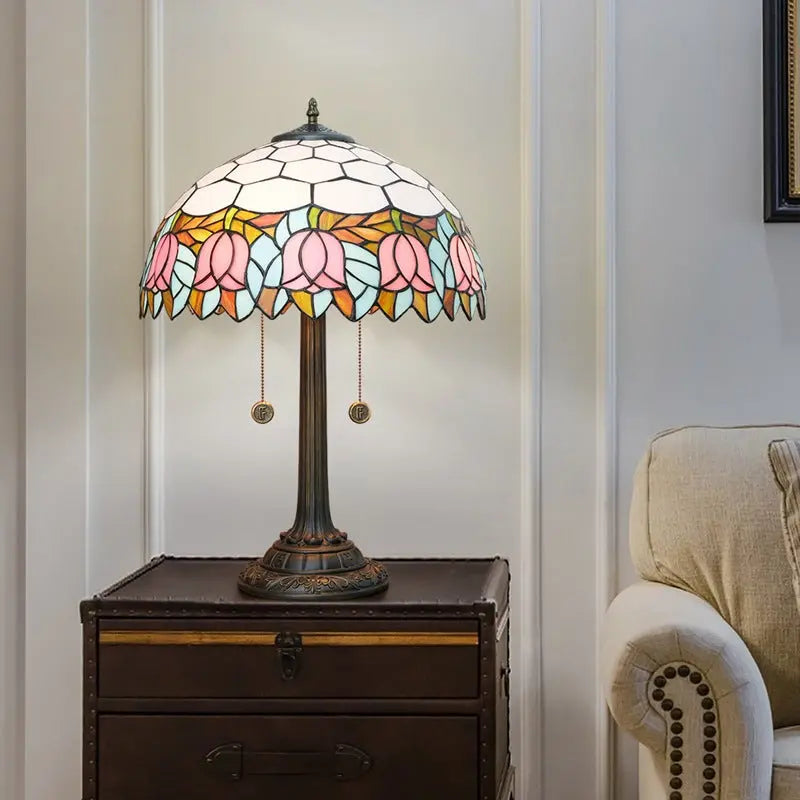 16inch Tiffany Stained Glass Pink Tulip Lampshade Vintage Bedroom Table Lamp - CTL