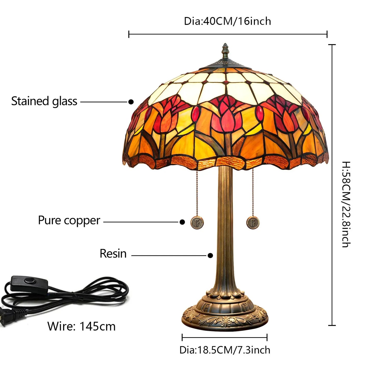 16inch Tiffany Stained Glass Red Tulip Lampshade Vintage Bar Bedroom Desk Lamp - CTL