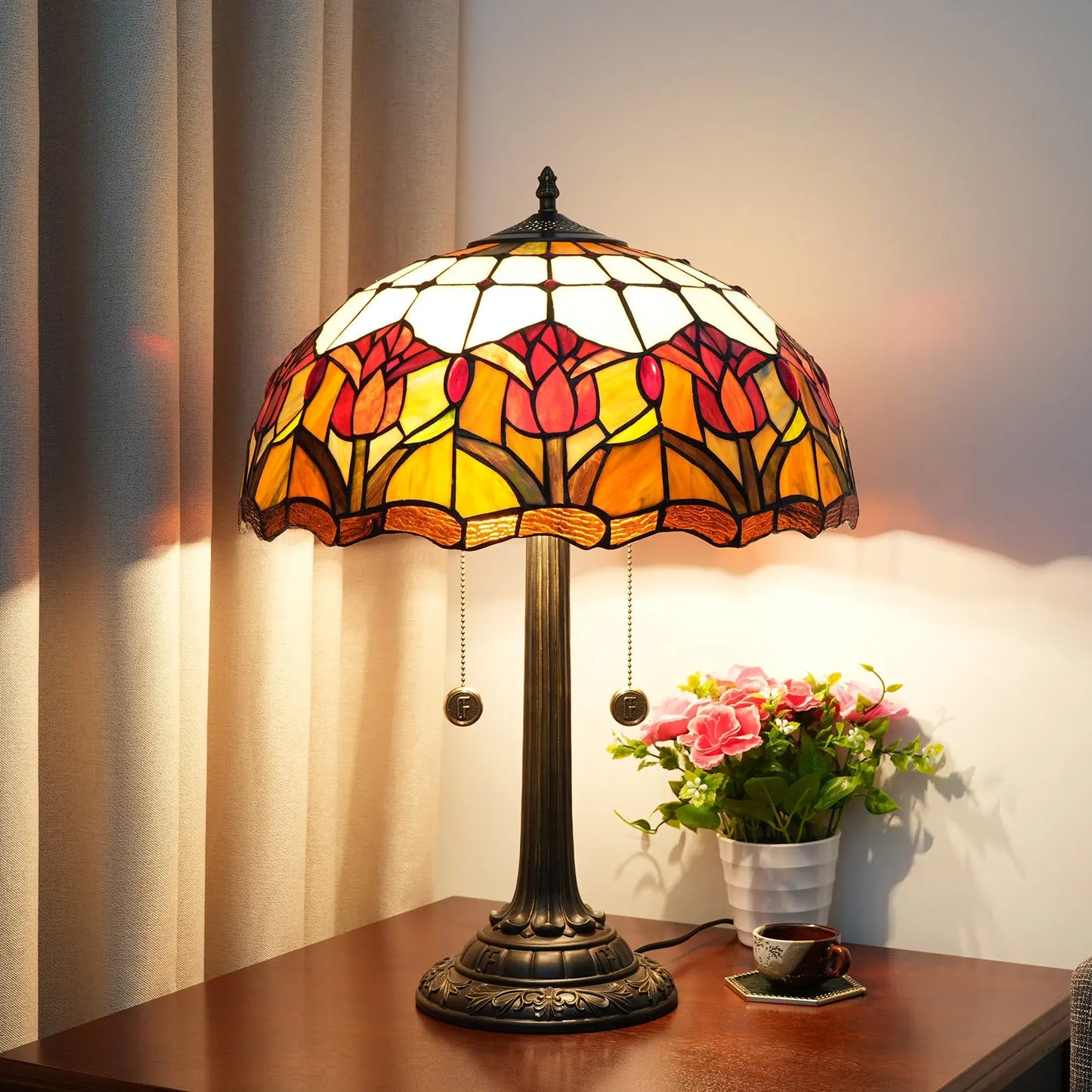 16inch Tiffany Stained Glass Red Tulip Lampshade Vintage Bar Bedroom Desk Lamp - CTL