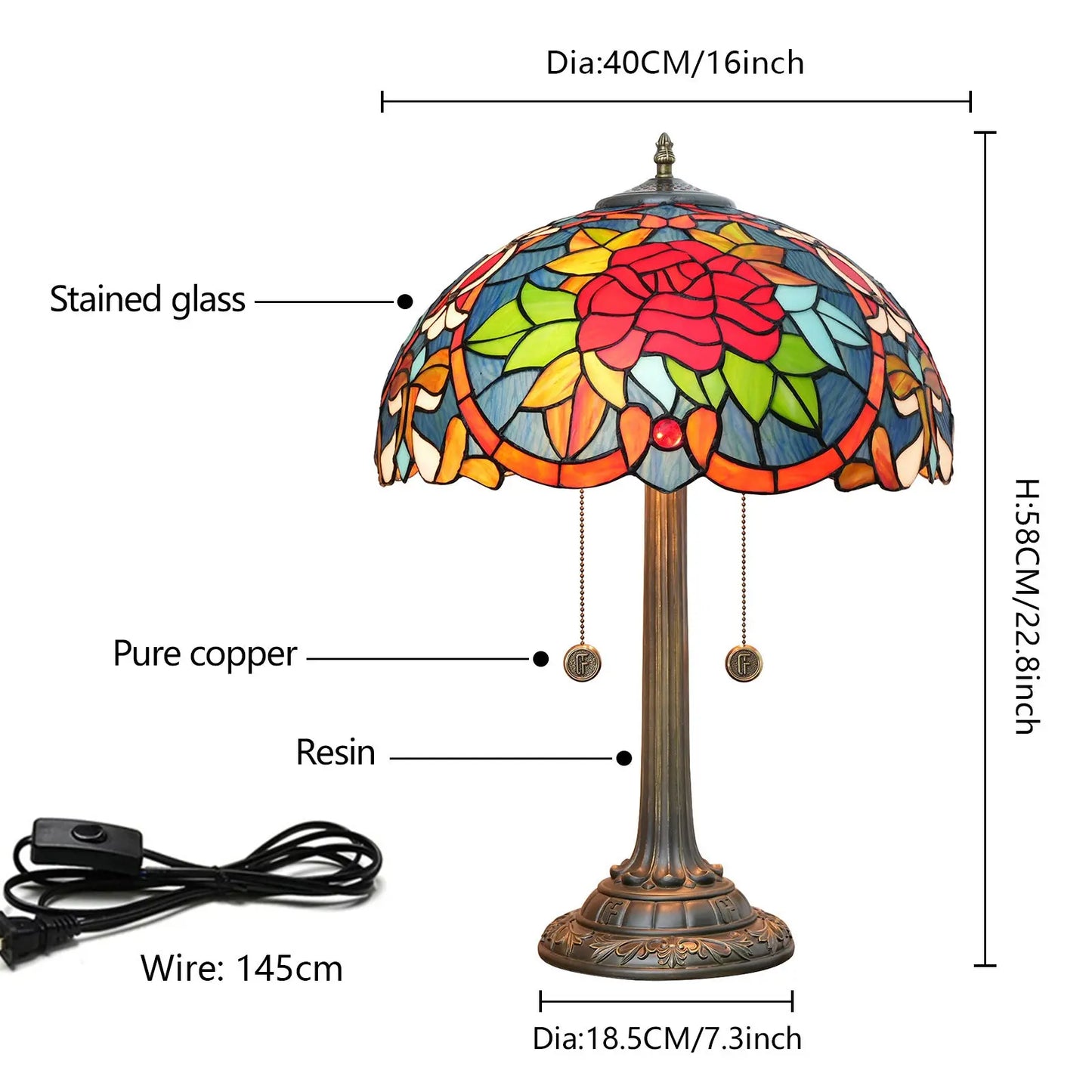 16inch Tiffany Stained Glass Romantic Rose Lampshade Bar Bedroom Desk Lamp - CTL