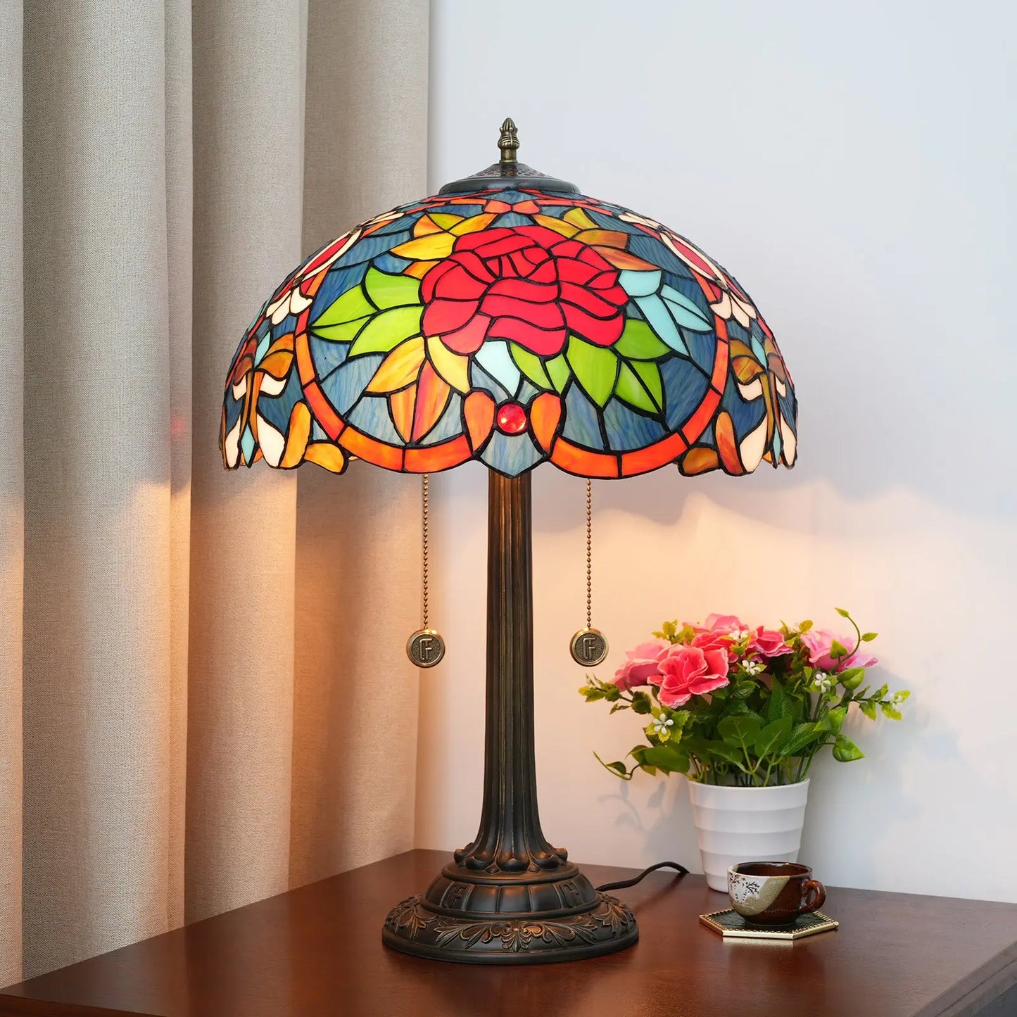 16inch Tiffany Stained Glass Romantic Rose Lampshade Bar Bedroom Desk Lamp - CTL