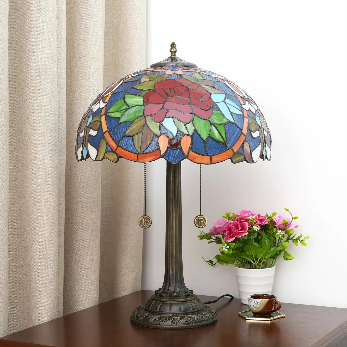16inch Tiffany Stained Glass Romantic Rose Lampshade Bar Bedroom Desk Lamp - CTL