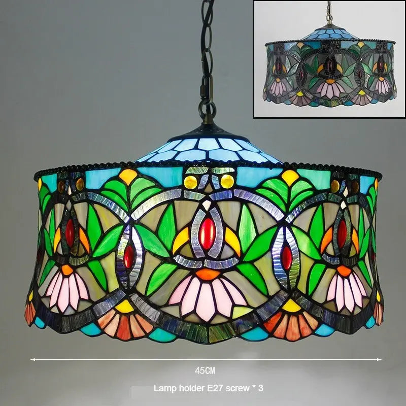 18inch 45cm Stained Glass Pastoral Straw Hat Lampshade Vintage Tiffany Pendant Light - CTL