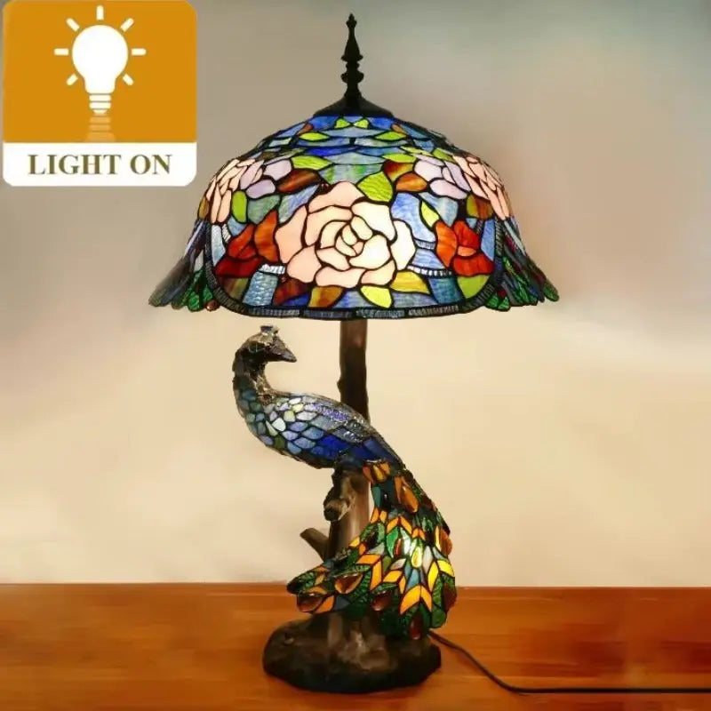 18inch 46cm Handmade Stained Glass Lampshade Large Tiffany Peacock Table Lamp - CTL