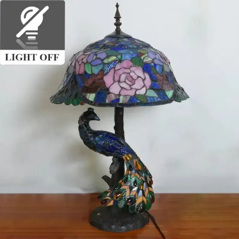 18inch 46cm Handmade Stained Glass Lampshade Large Tiffany Peacock Table Lamp - CTL