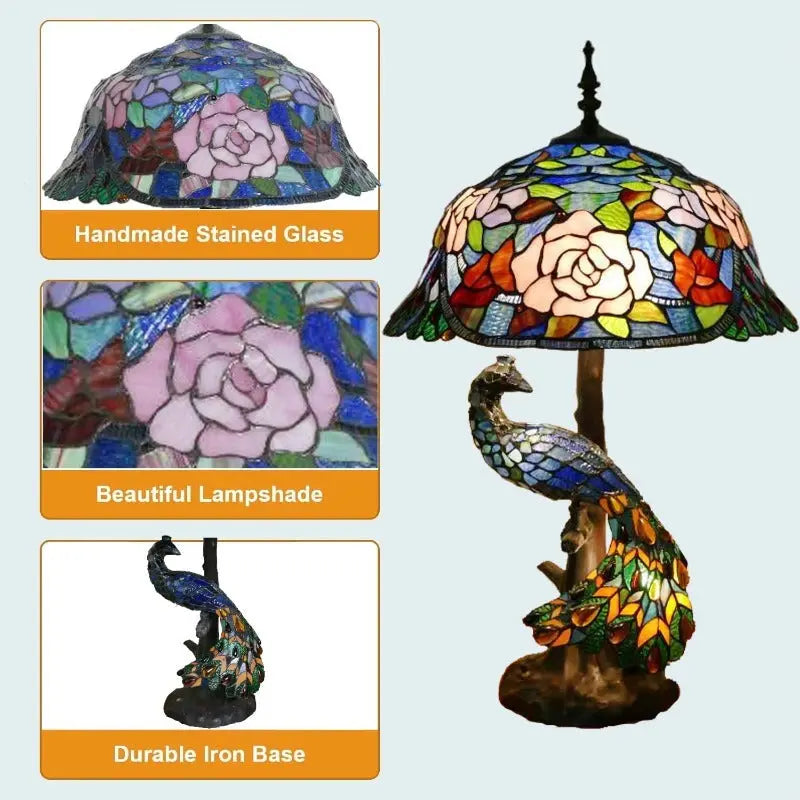 18inch 46cm Handmade Stained Glass Lampshade Large Tiffany Peacock Table Lamp - CTL