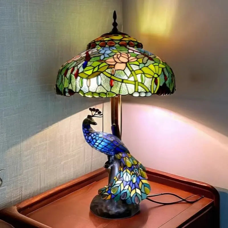 18inch 46cm Peacock Tiffany Lamp Stained Glass Lampshade Vintage Table Lamps - CTL