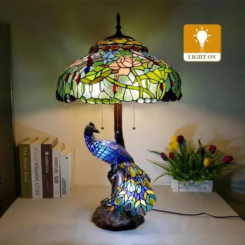18inch 46cm Peacock Tiffany Lamp Stained Glass Lampshade Vintage Table Lamps - CTL