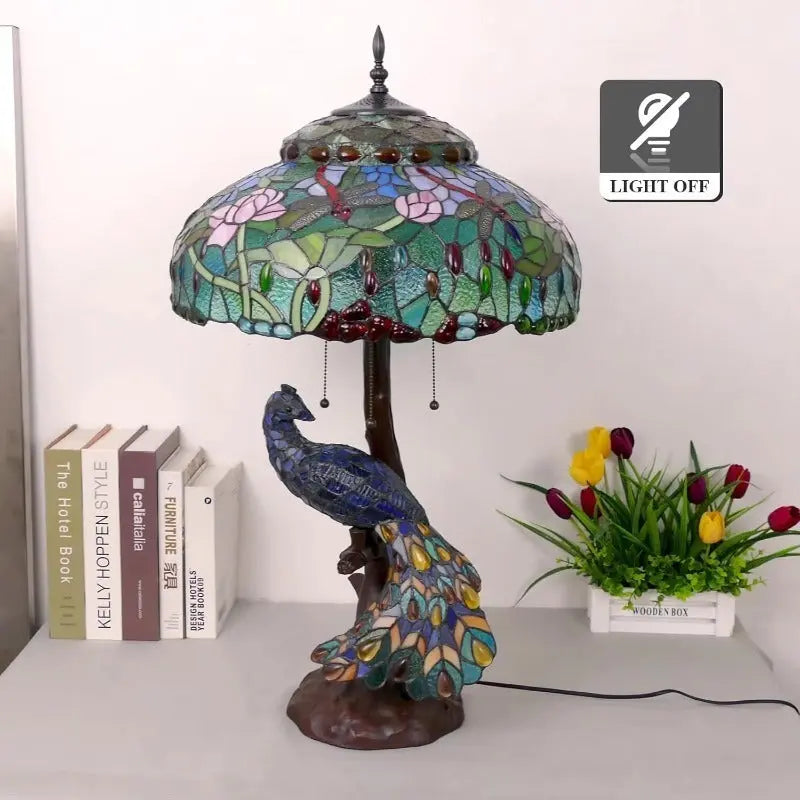 18inch 46cm Peacock Tiffany Lamp Stained Glass Lampshade Vintage Table Lamps - CTL