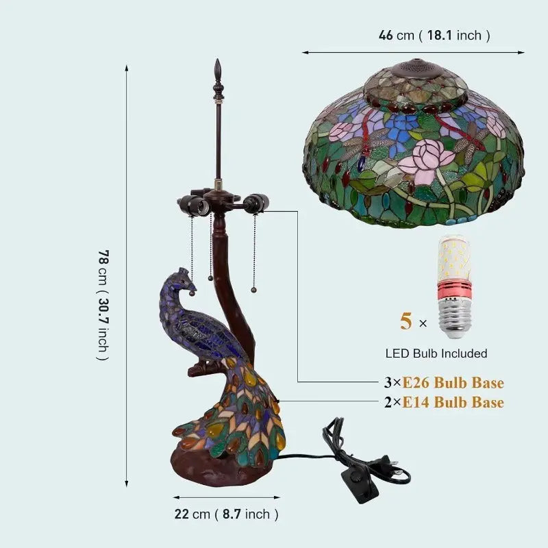 18inch 46cm Peacock Tiffany Lamp Stained Glass Lampshade Vintage Table Lamps - CTL
