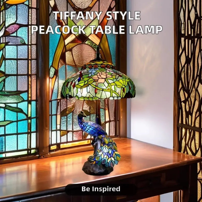 18inch 46cm Peacock Tiffany Lamp Stained Glass Lampshade Vintage Table Lamps - CTL