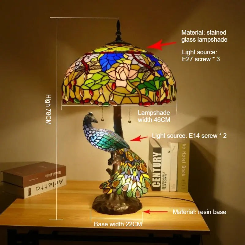 18inch 46cm Retro Peacock Base Handmade Large Dragonfly Lotus Tiffany Table Lamp - CTL