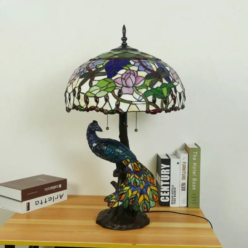 18inch 46cm Retro Peacock Base Handmade Large Dragonfly Lotus Tiffany Table Lamp - CTL
