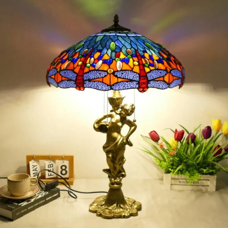 18inch 46cm Stained Glass Blue Dragonfly Lampsahde Vintage Tiffany Table Lamp - CTL