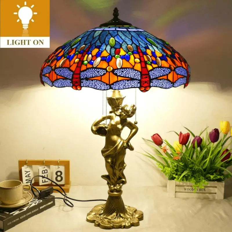 18inch 46cm Stained Glass Blue Dragonfly Lampsahde Vintage Tiffany Table Lamp - CTL