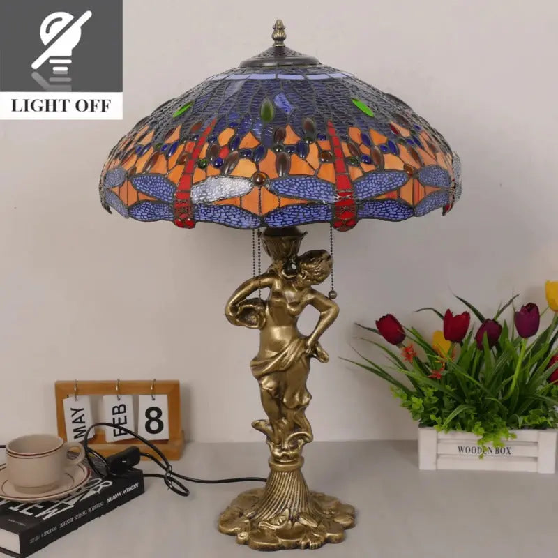 18inch 46cm Stained Glass Blue Dragonfly Lampsahde Vintage Tiffany Table Lamp - CTL