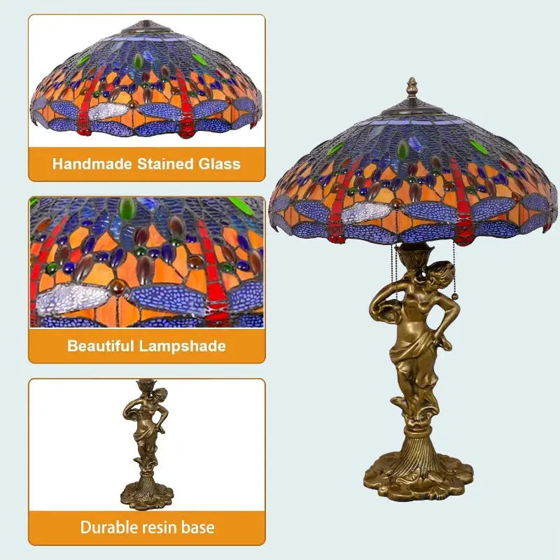 18inch 46cm Stained Glass Blue Dragonfly Lampsahde Vintage Tiffany Table Lamp - CTL
