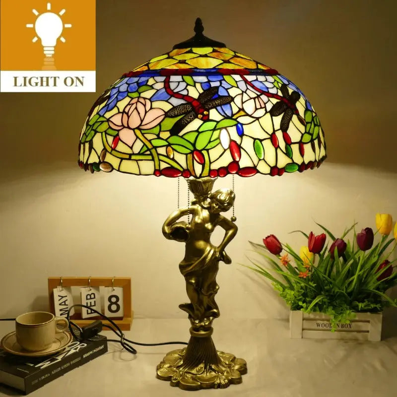 18inch 46cm Stained Glass Dragonfly Lotus Lampsahde Vintage Tiffany Table Lamp - CTL
