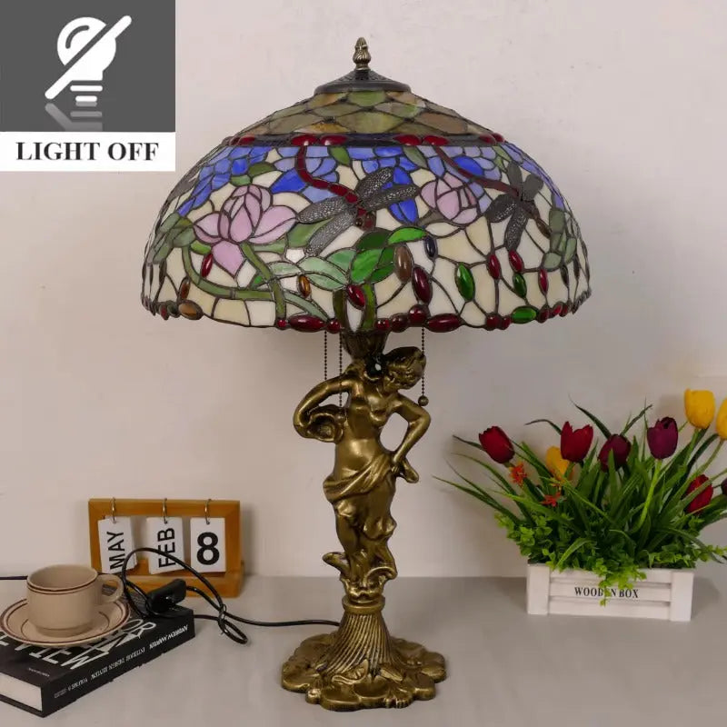 18inch 46cm Stained Glass Dragonfly Lotus Lampsahde Vintage Tiffany Table Lamp - CTL