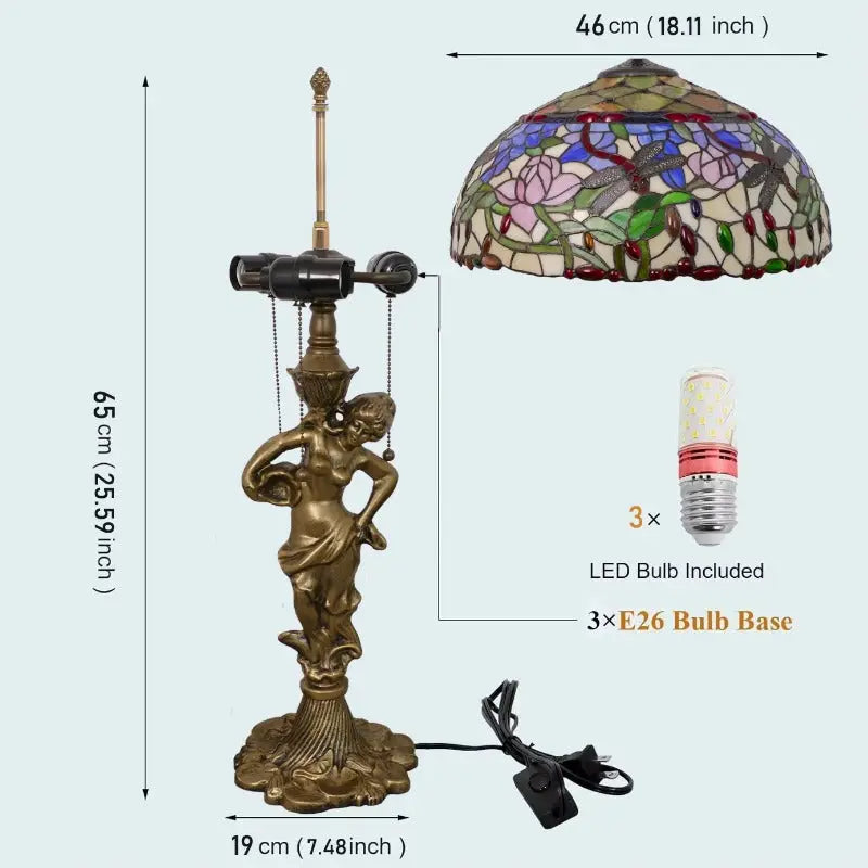 18inch 46cm Stained Glass Dragonfly Lotus Lampsahde Vintage Tiffany Table Lamp - CTL