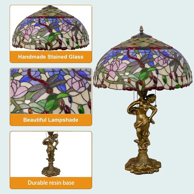 18inch 46cm Stained Glass Dragonfly Lotus Lampsahde Vintage Tiffany Table Lamp - CTL