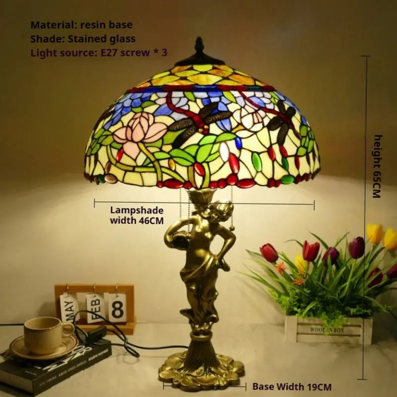 18inch 46cm Stained Glass Dragonfly Lotus Lampsahde Vintage Tiffany Table Lamp - CTL