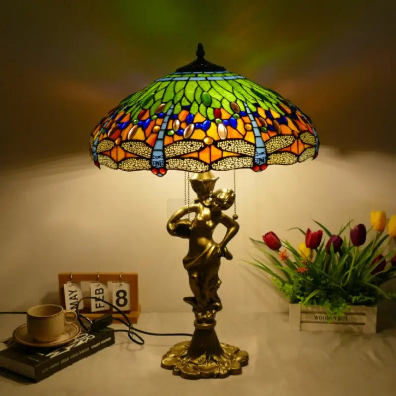 18inch 46cm Stained Glass Green Dragonfly Lampsahde Vintage Tiffany Table Lamp - CTL