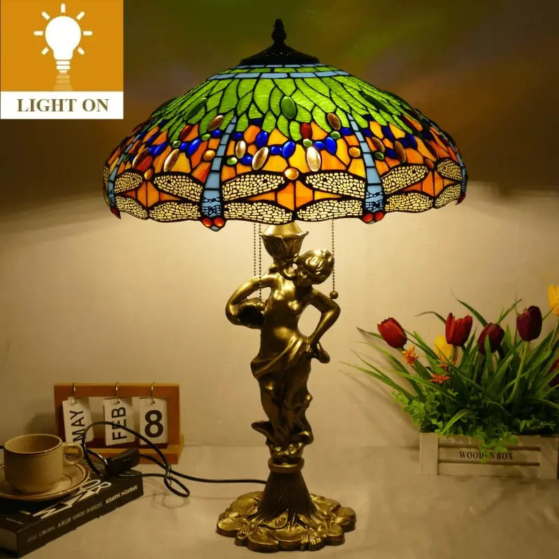 18inch 46cm Stained Glass Green Dragonfly Lampsahde Vintage Tiffany Table Lamp - CTL