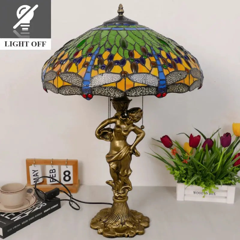 18inch 46cm Stained Glass Green Dragonfly Lampsahde Vintage Tiffany Table Lamp - CTL
