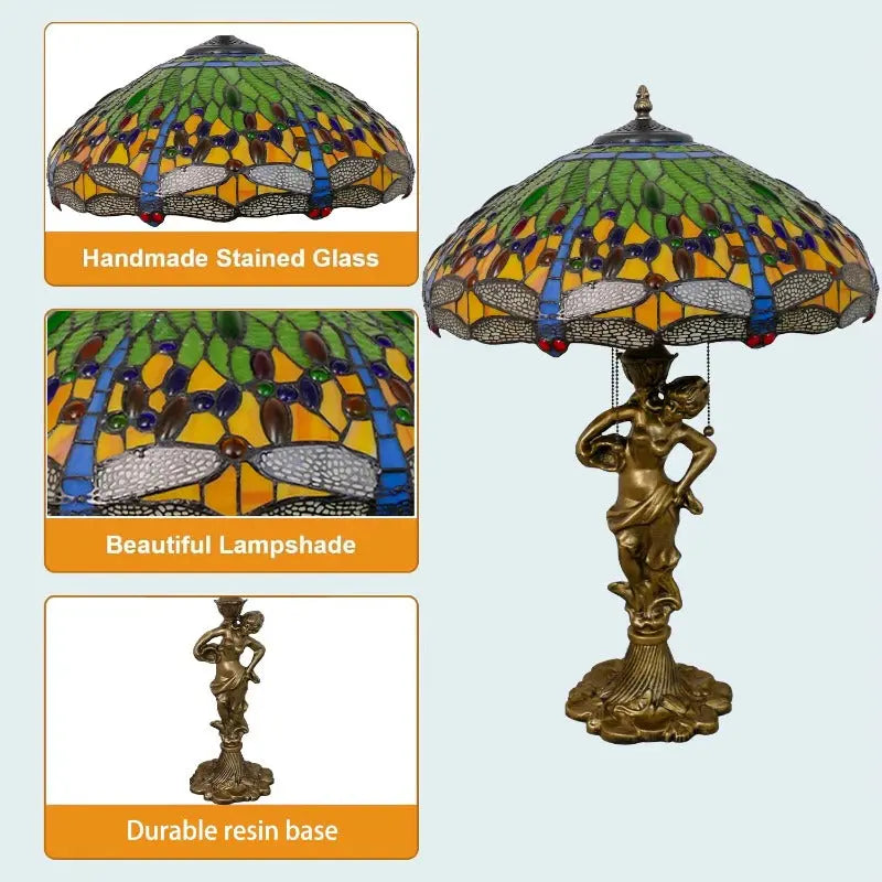 18inch 46cm Stained Glass Green Dragonfly Lampsahde Vintage Tiffany Table Lamp - CTL