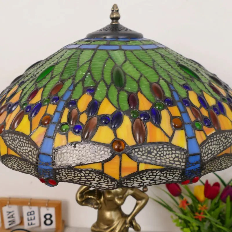 18inch 46cm Stained Glass Green Dragonfly Lampsahde Vintage Tiffany Table Lamp - CTL