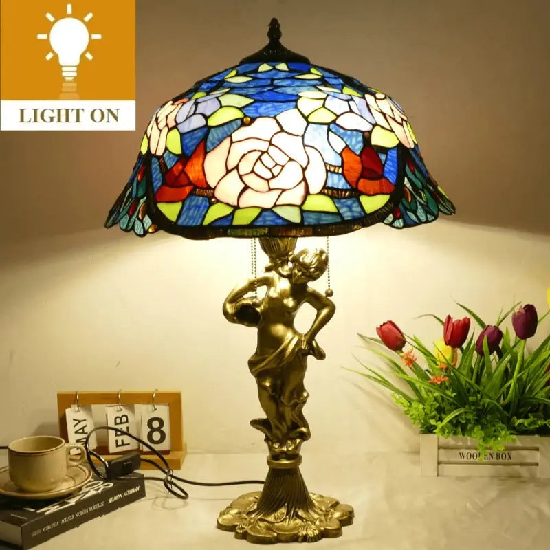 18inch 46cm Stained Glass Pink Rose Floral Lampsahde Vintage Tiffany Table Lamp - CTL