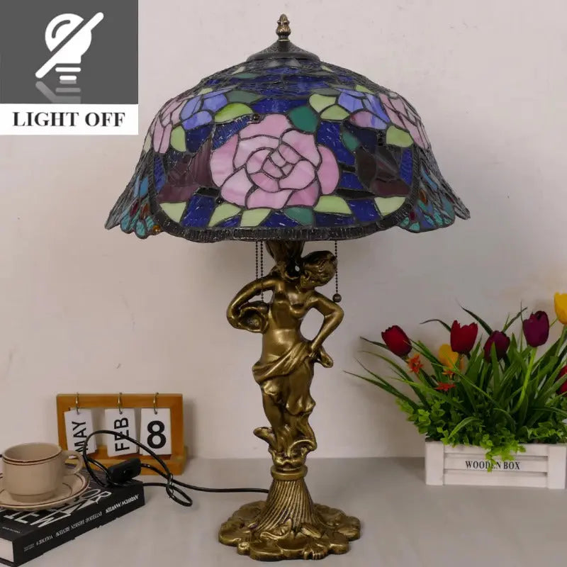 18inch 46cm Stained Glass Pink Rose Floral Lampsahde Vintage Tiffany Table Lamp - CTL