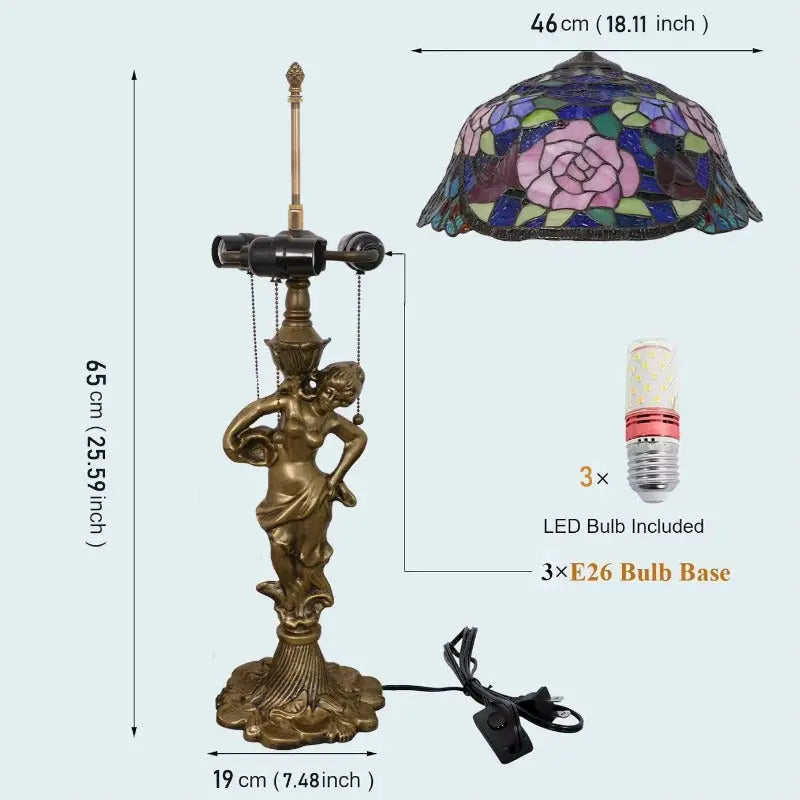 18inch 46cm Stained Glass Pink Rose Floral Lampsahde Vintage Tiffany Table Lamp - CTL