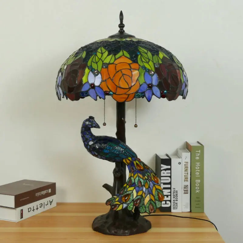 18inch Handmade Large Peacock Tiffany Style Lamp Rose Lampshade Desk Light - CTL