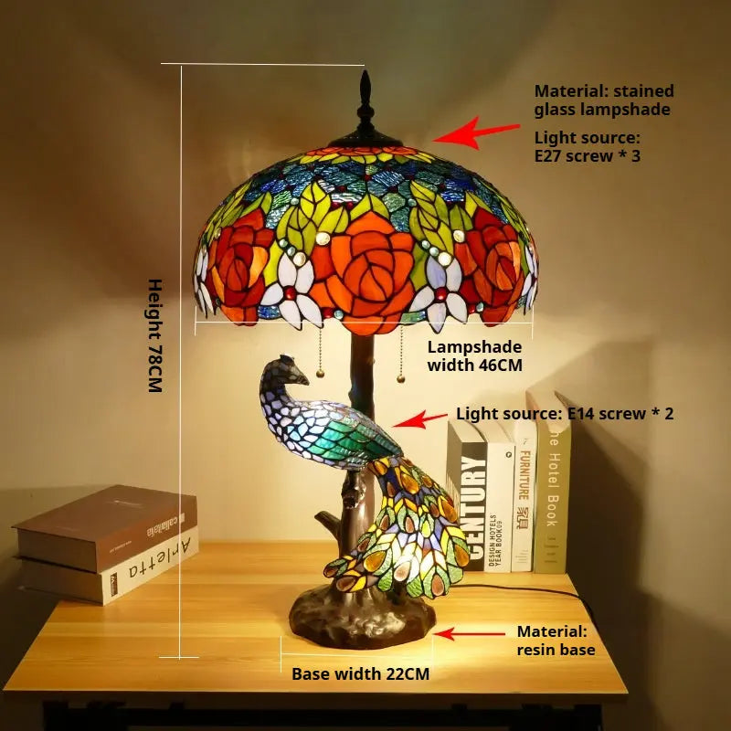 18inch Handmade Large Peacock Tiffany Style Lamp Rose Lampshade Desk Light - CTL