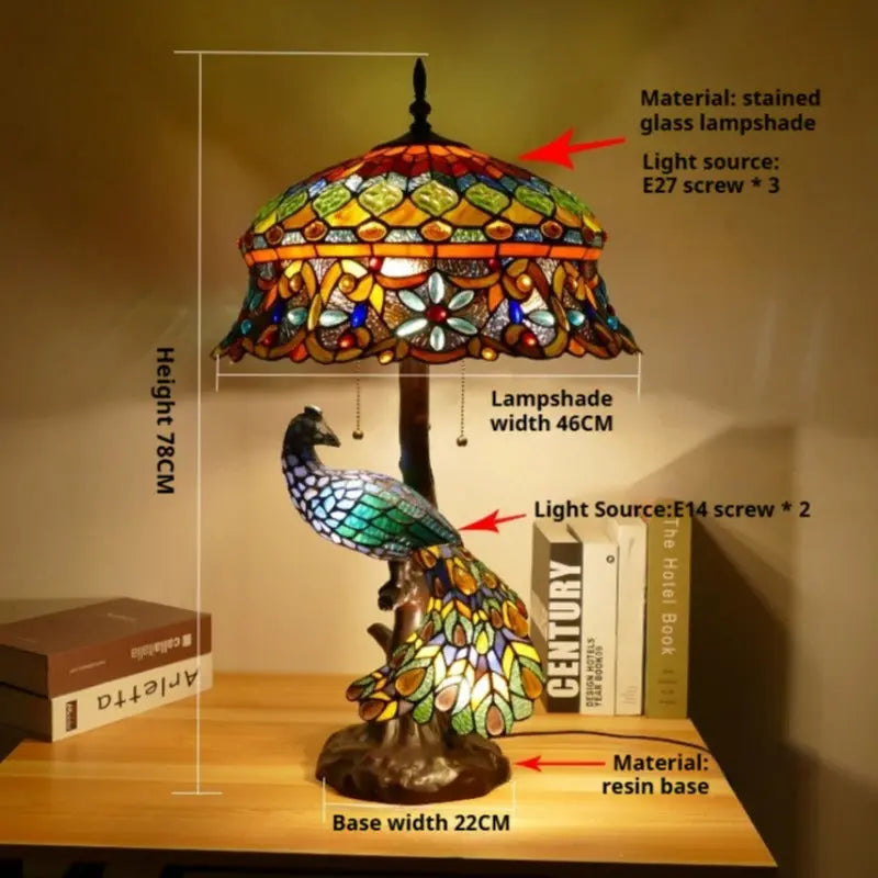18inch Vintage Handmade Straw Hat Large Peacock Tiffany Style Lamp - CTL