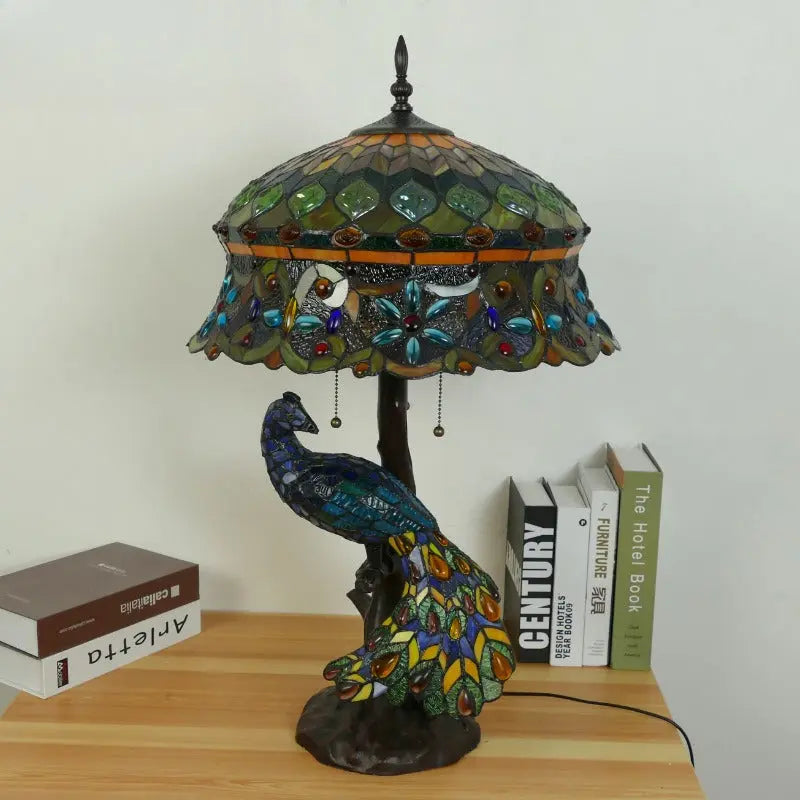 18inch Vintage Handmade Straw Hat Large Peacock Tiffany Style Lamp - CTL