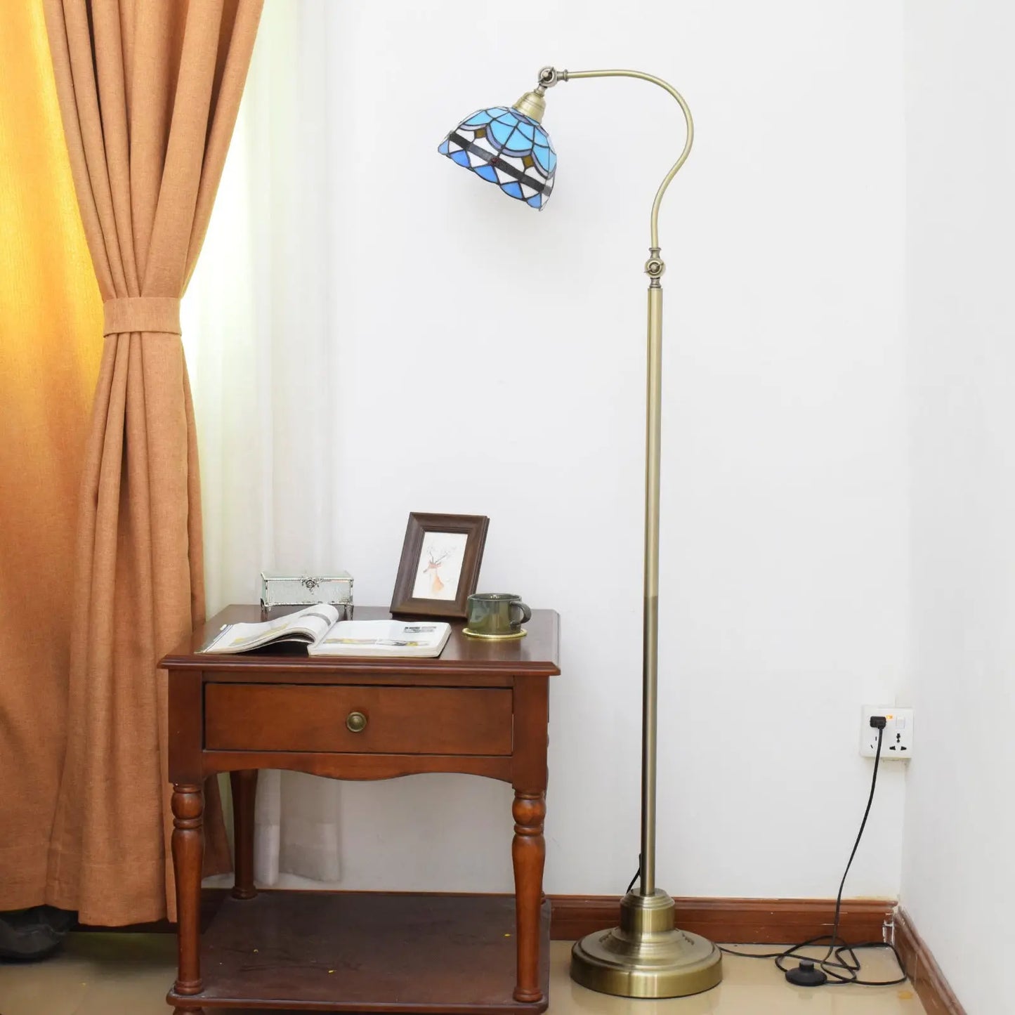 20cm Vintage Lampshade Blue Stained Glass Floor Lamp Tiffany Standing Light - CTL