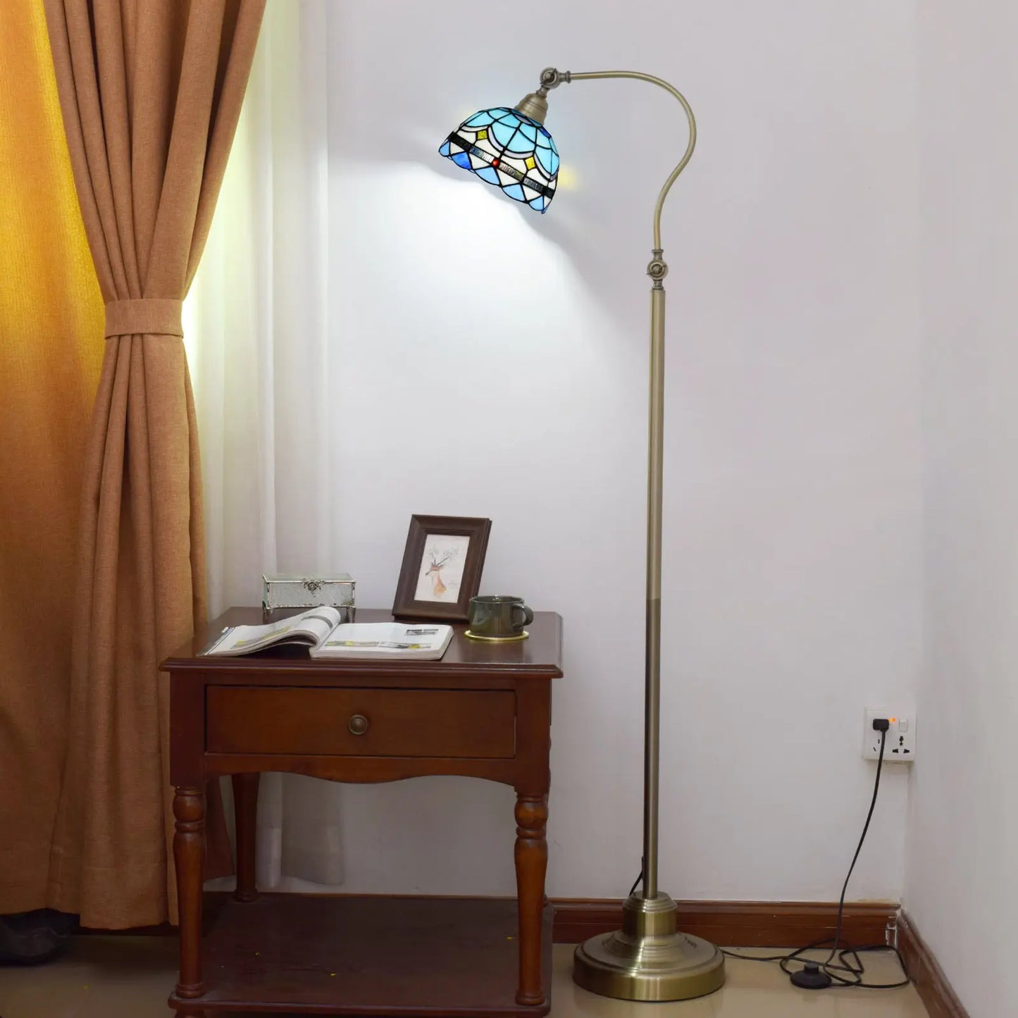 20cm Vintage Lampshade Blue Stained Glass Floor Lamp Tiffany Standing Light - CTL
