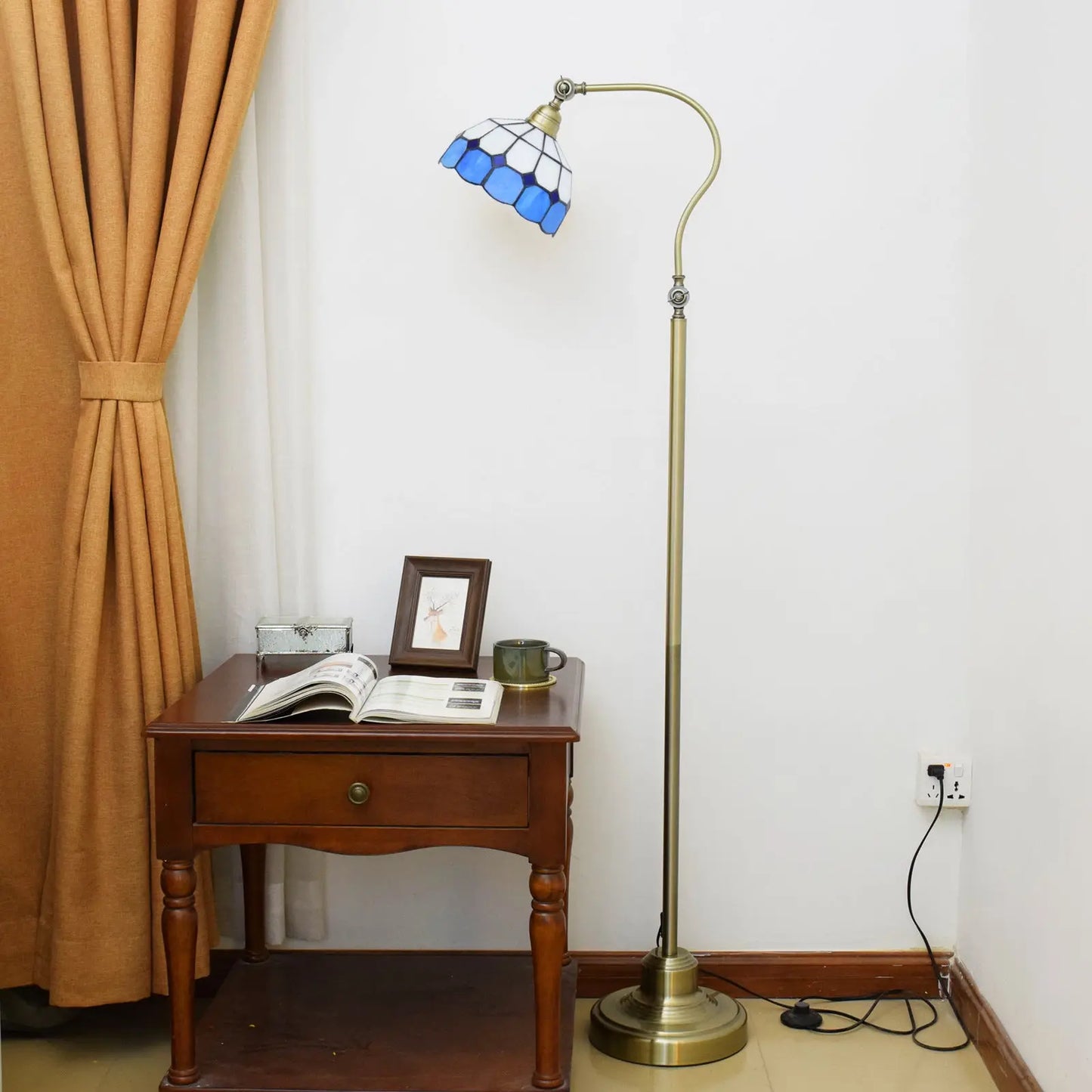 20cm Vintage Stained Glass White Grid Lampshade Blue Tiffany Floor Lamp - CTL