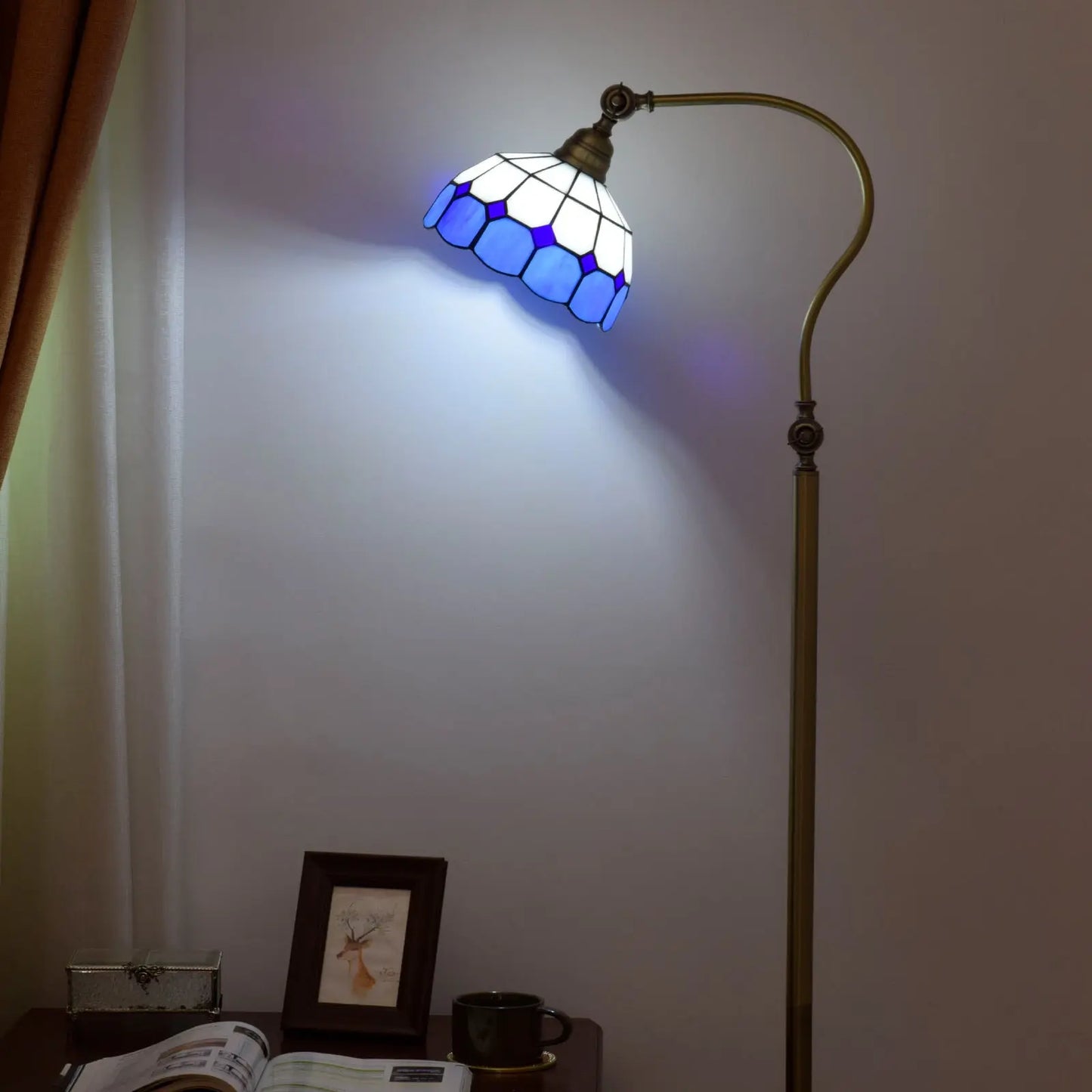 20cm Vintage Stained Glass White Grid Lampshade Blue Tiffany Floor Lamp - CTL