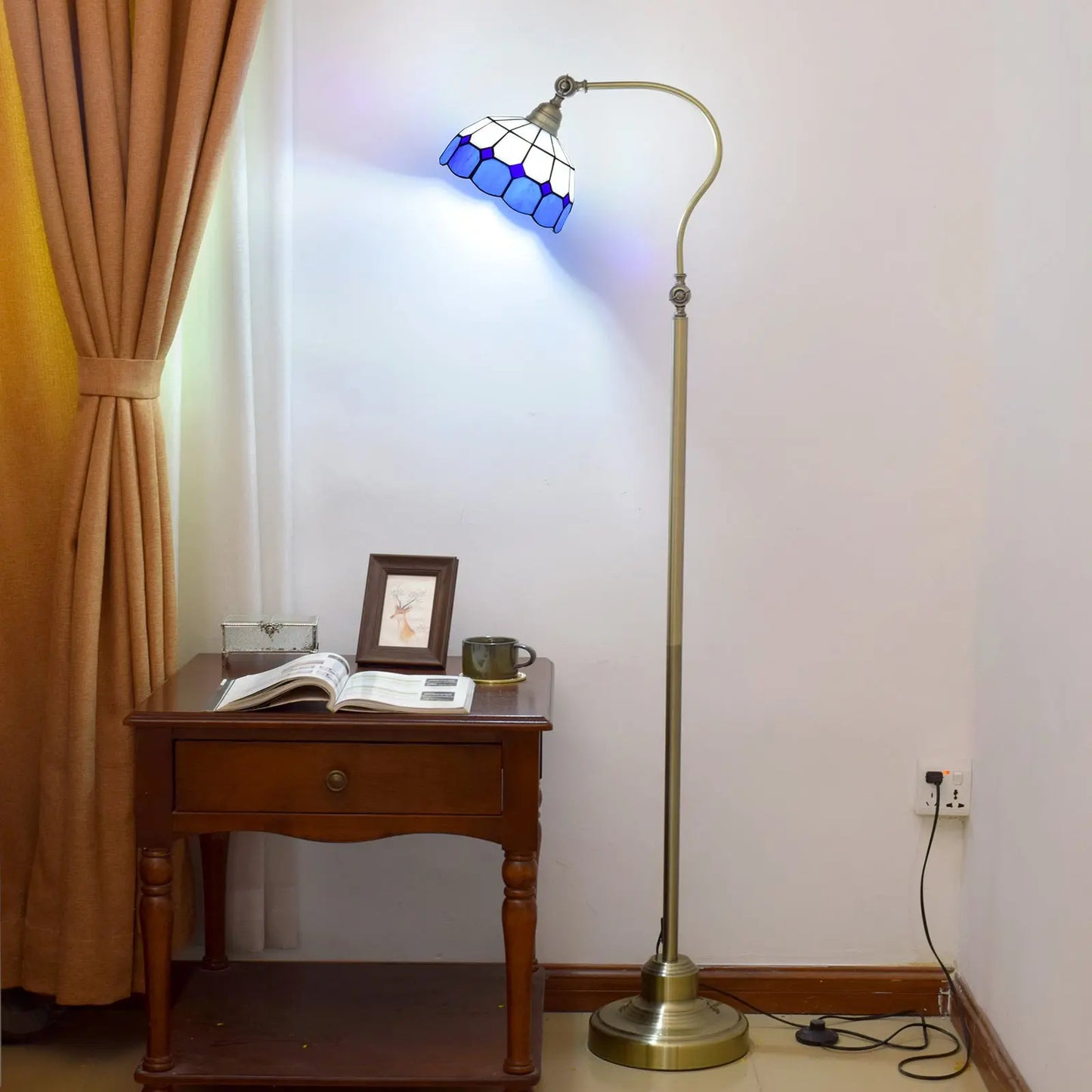 20cm Vintage Stained Glass White Grid Lampshade Blue Tiffany Floor Lamp - CTL