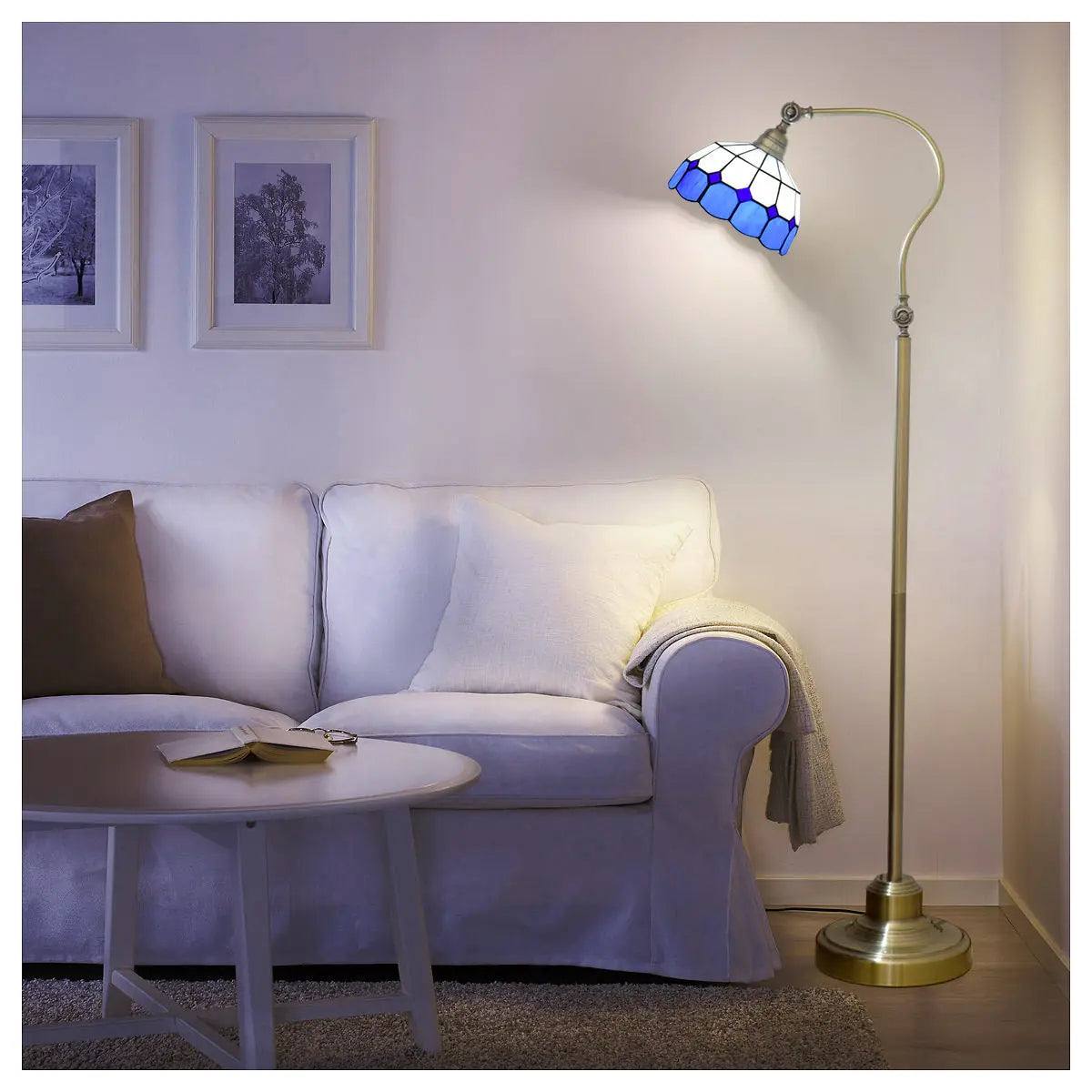 20cm Vintage Stained Glass White Grid Lampshade Blue Tiffany Floor Lamp - CTL