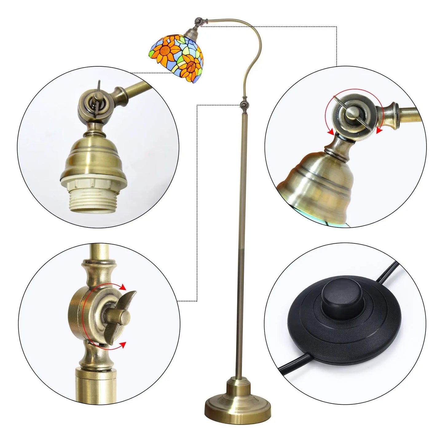 20cm Vintage Floor Tiffany Style Lamps Stained Glass Sunflower Lampshade Standing Light - CTL