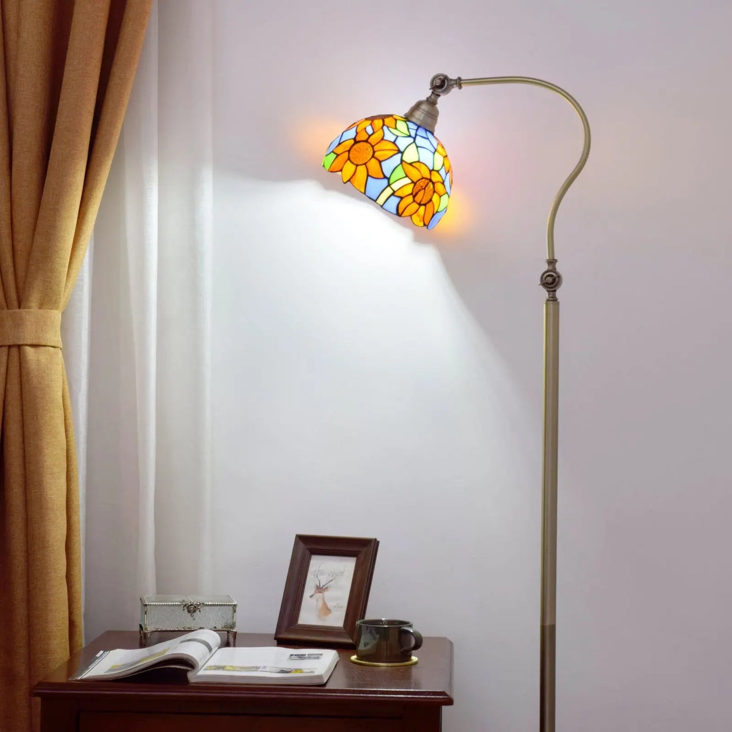 20cm Vintage Floor Tiffany Style Lamps Stained Glass Sunflower Lampshade Standing Light - CTL